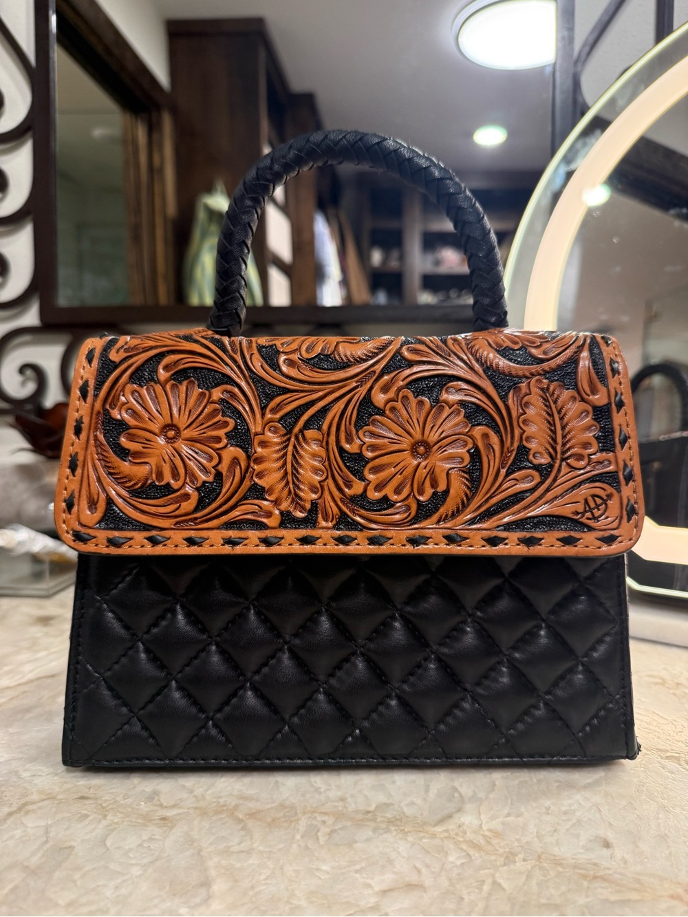 American Darling Black Satchel with Tan Floral Tooled Flap